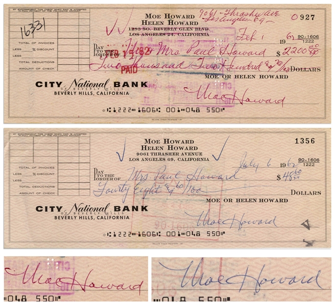 Moe Howard Lot of Two Checks Signed, Both Made Out to His Sons Family -- Dated 1 February 1962 and 6 July 1962 -- Both Measure 8.25 x 3 -- Very Good Condition